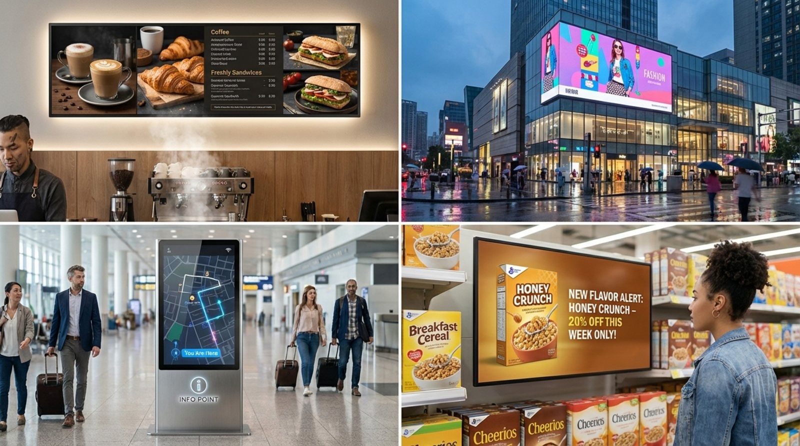 A composite grid showcasing four types of digital signage displays including a menu board, outdoor LED sign, interactive kiosk, and supermarket wall screen.