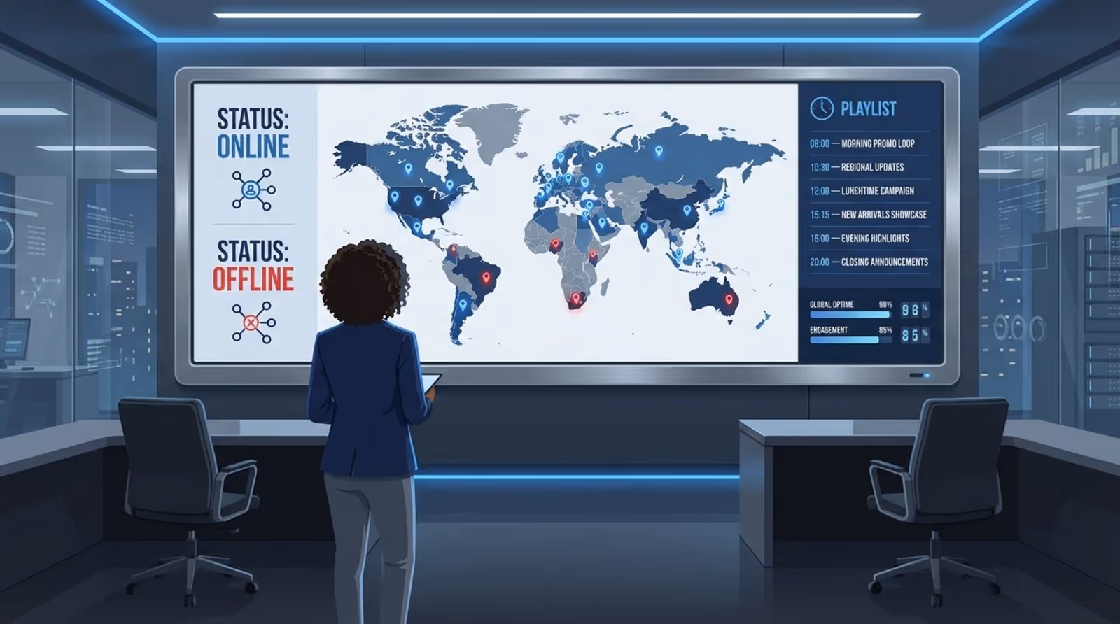 A modern control room with a manager viewing a large dashboard showing store locations and real-time status indicators.