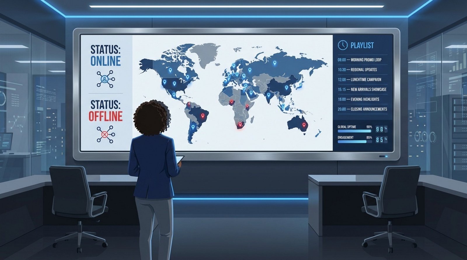 A modern control room with a manager viewing a large dashboard showing store locations and real-time status indicators.