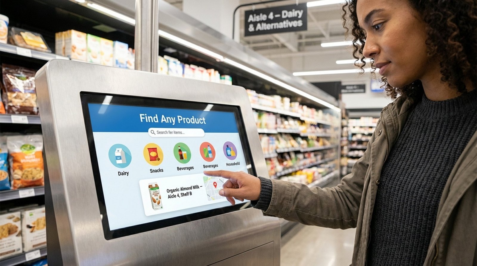 A person interacts with a digital kiosk in a supermarket, highlighting self-service shopping technology.