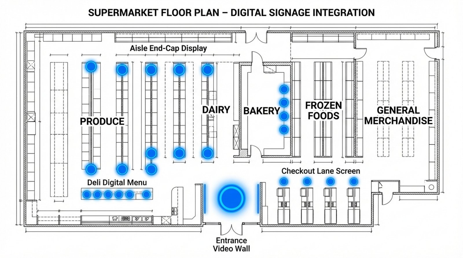A technical schematic of a supermarket layout showing strategic digital signage locations with glowing icons for screens and video walls.