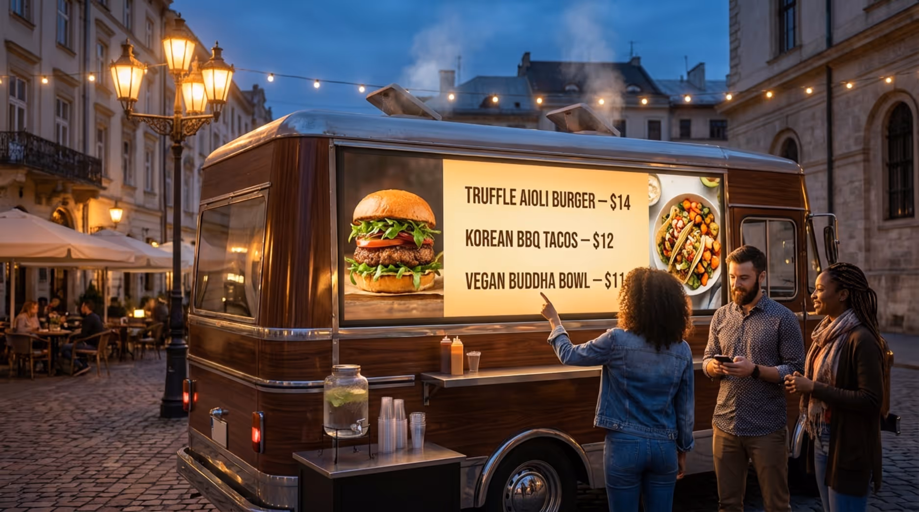A food truck parked in a city square at dusk with a bright digital menu attracting customers.