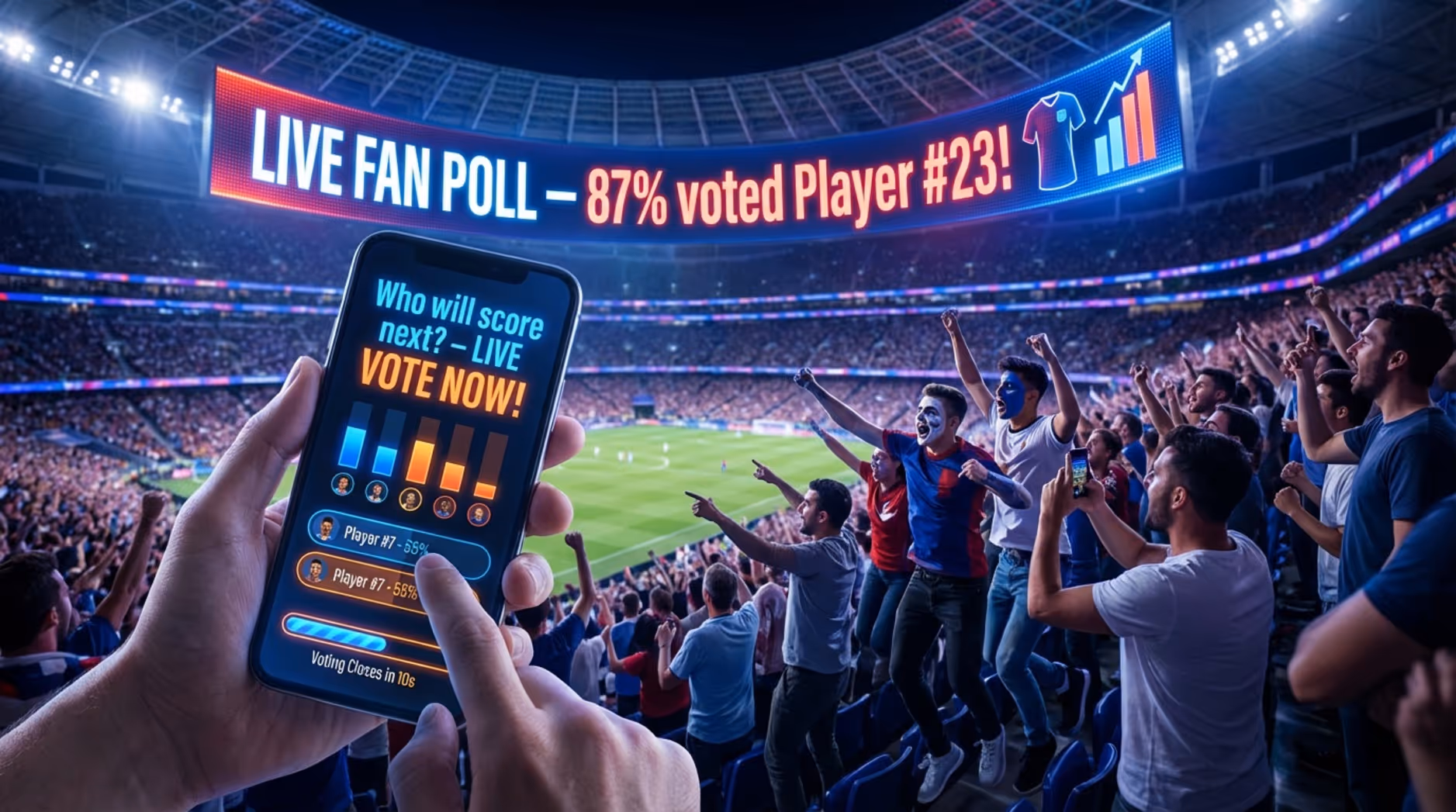 A fan holds a smartphone displaying a live poll during a night game with a large video wall showing real-time results and an excited crowd.