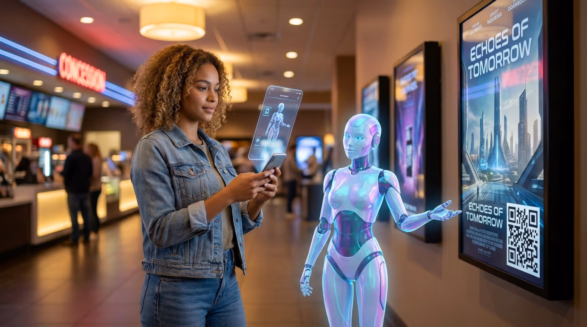 A young woman uses her smartphone to scan a digital movie poster in a cinema lobby, with an augmented reality character appearing on her screen.
