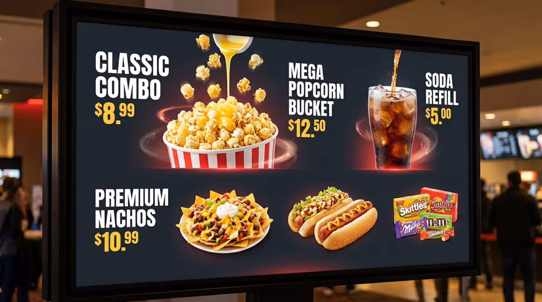 Close-up of a digital concession menu board displaying popcorn soda and combo deals in a modern cinema.