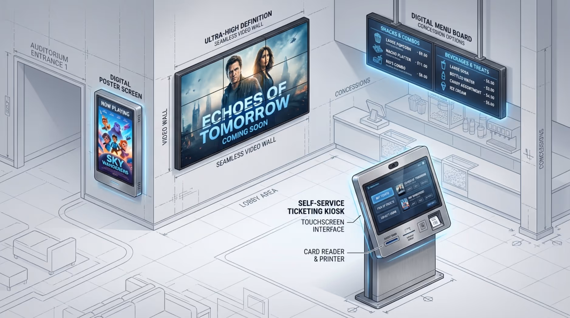 An infographic illustrating various commercial-grade digital signage hardware used in cinemas, including a large video wall, a vertical poster screen, a horizontal menu board, and an interactive ticket kiosk with a blueprint background.