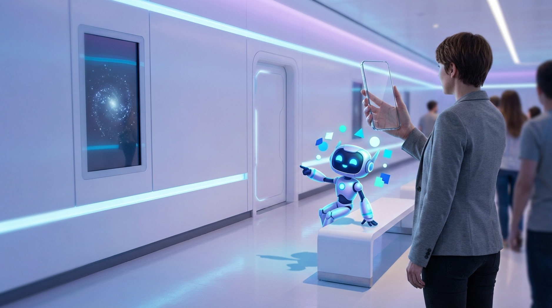 A guest interacts with a digital screen showing an augmented reality overlay in a high-tech theme park queue.