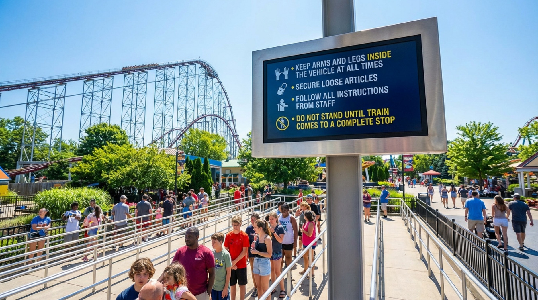A digital signage screen displays safety instructions clearly in a sunny outdoor roller coaster queue.