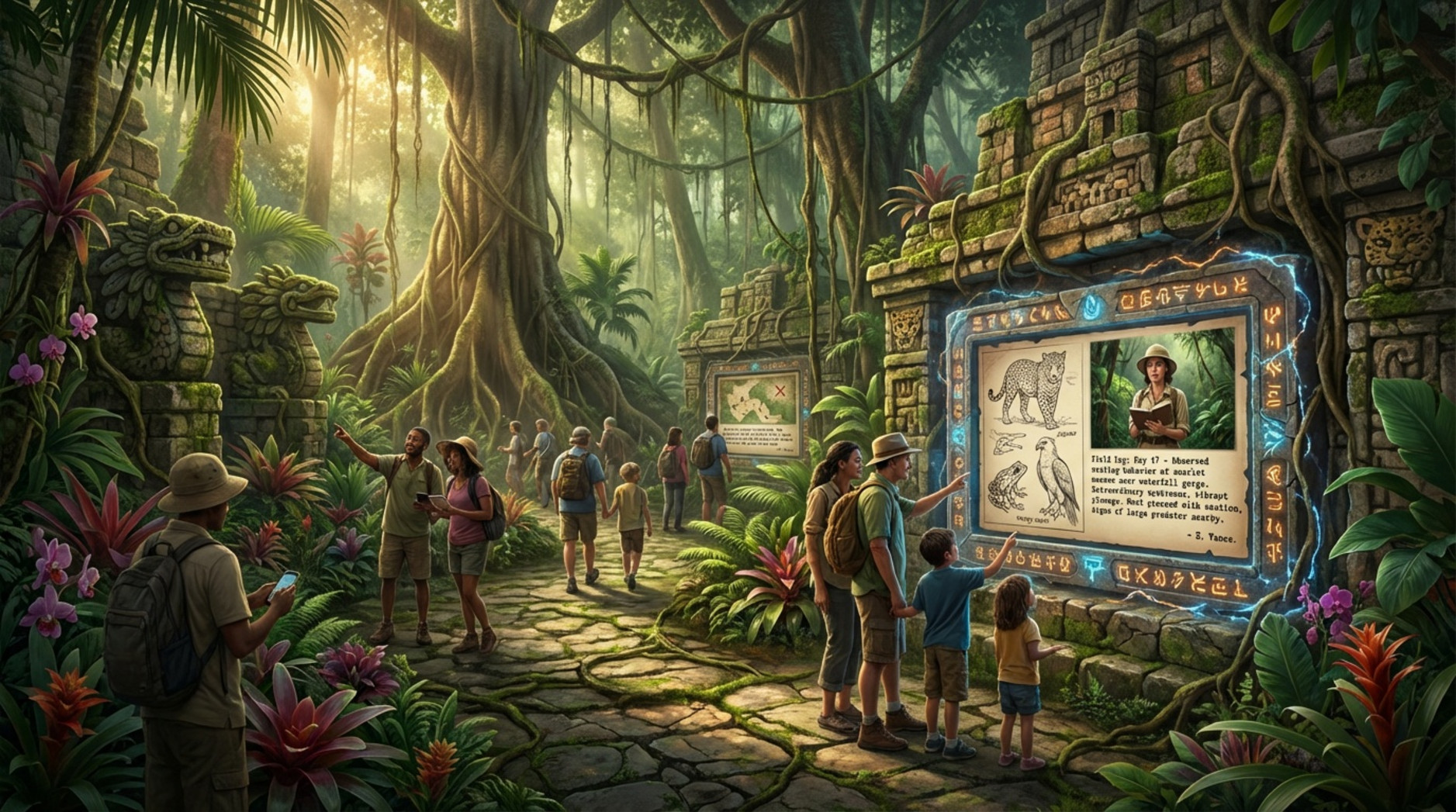 Guests walk through a jungle-themed queue with lush plants and ancient ruins featuring digital stone tablets displaying explorer notes and wildlife reports.