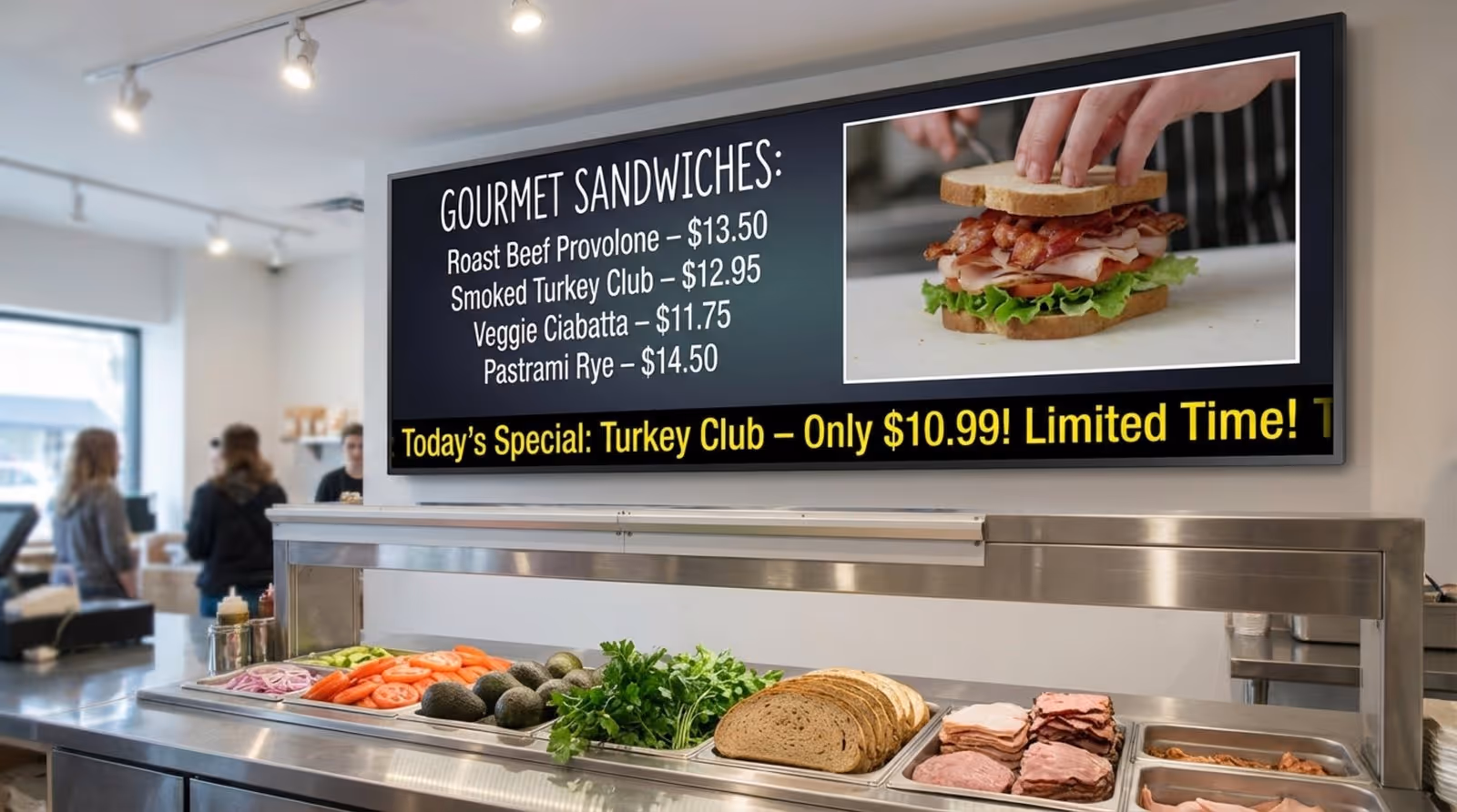 A photorealistic digital menu board displays sandwiches and prices above a modern deli counter with fresh ingredients.
