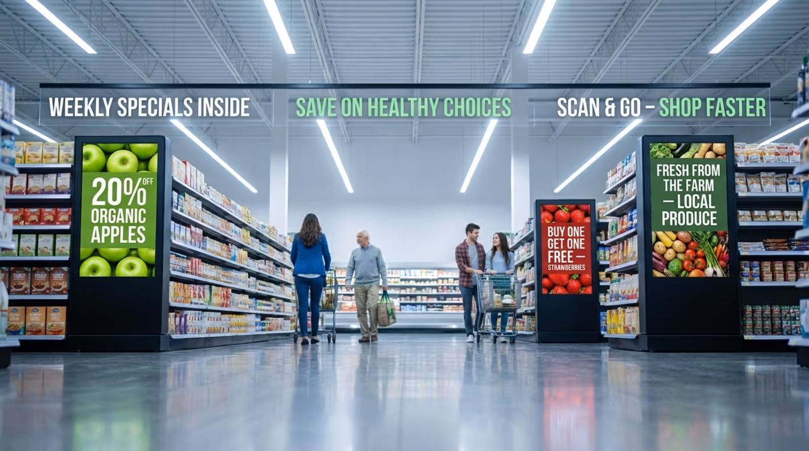 A bright, modern grocery store aisle with digital screens showcasing promotions and shoppers shopping.