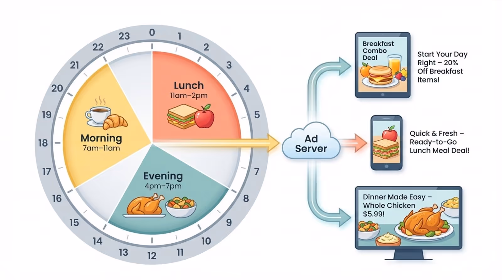Modern infographic illustrating dayparting with a 24-hour clock highlighting morning lunch and evening periods for a grocery store.