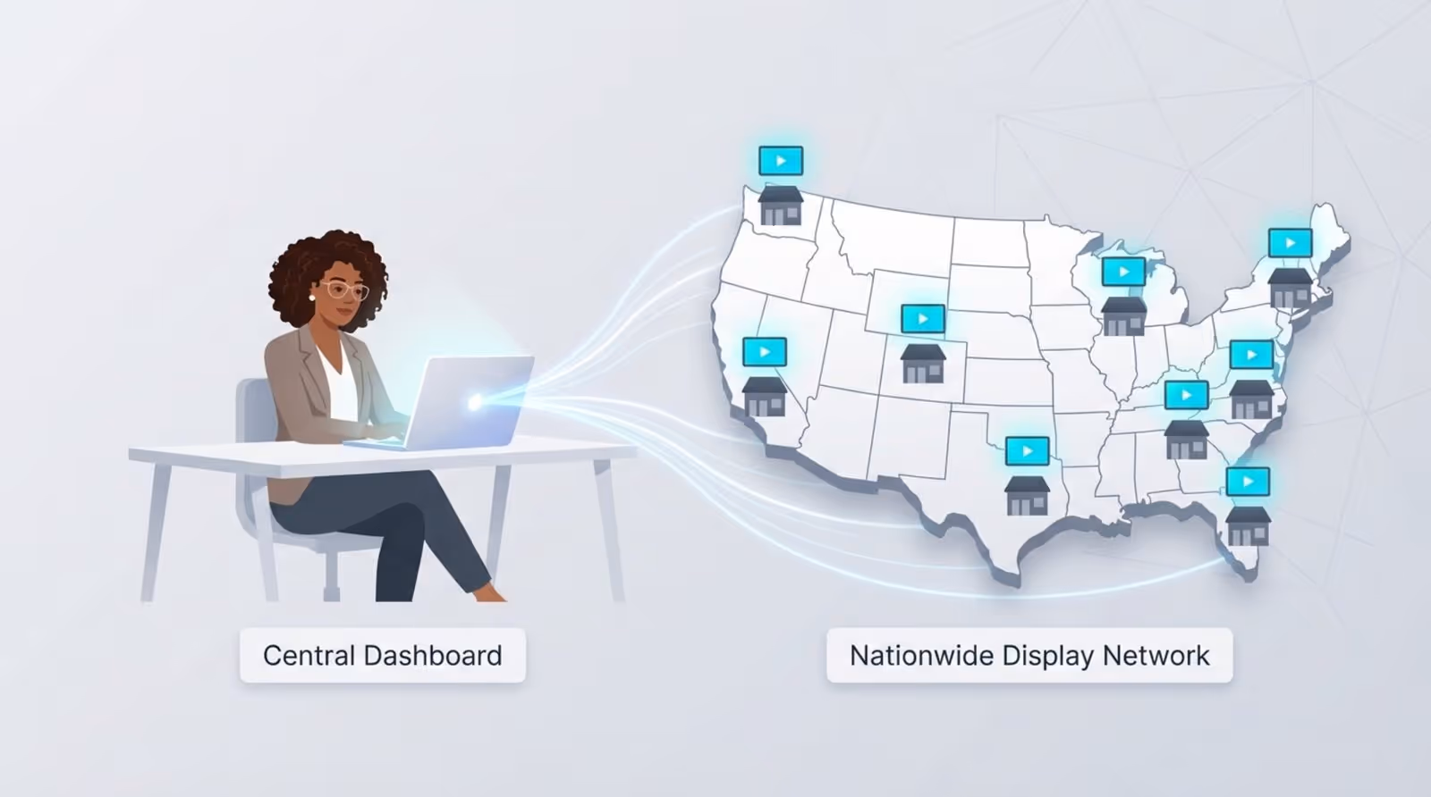 A marketing manager works on a laptop connected to a map with store icons, illustrating remote management of a nationwide store network.
