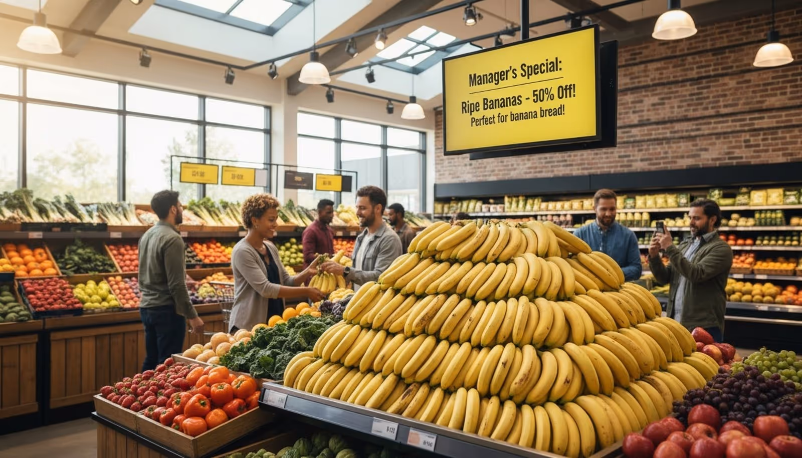 A vibrant produce section with a digital screen advertising ripe bananas at a discount to promote food waste reduction.