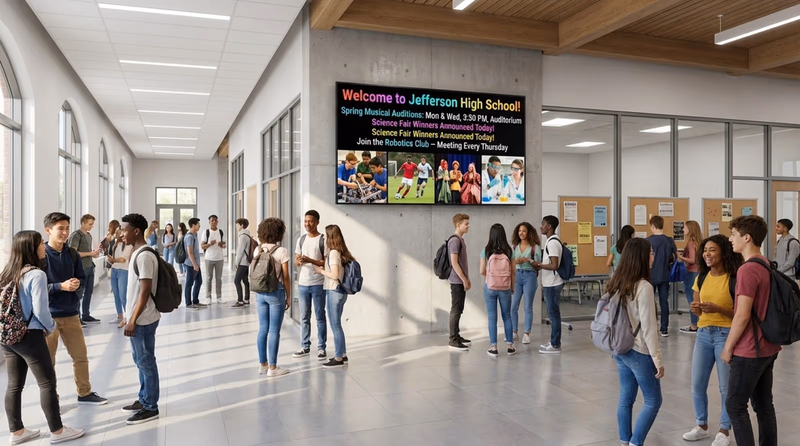 A busy high school hallway with students walking and talking, featuring a prominent digital signage screen displaying school announcements and photos.