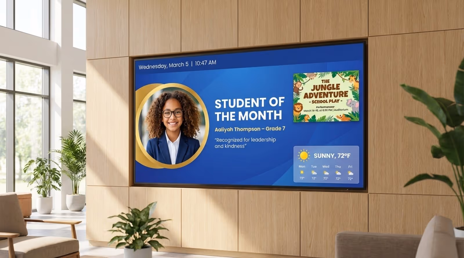 A digital signage screen in a school lobby displaying engaging content with school branding and updates for students.