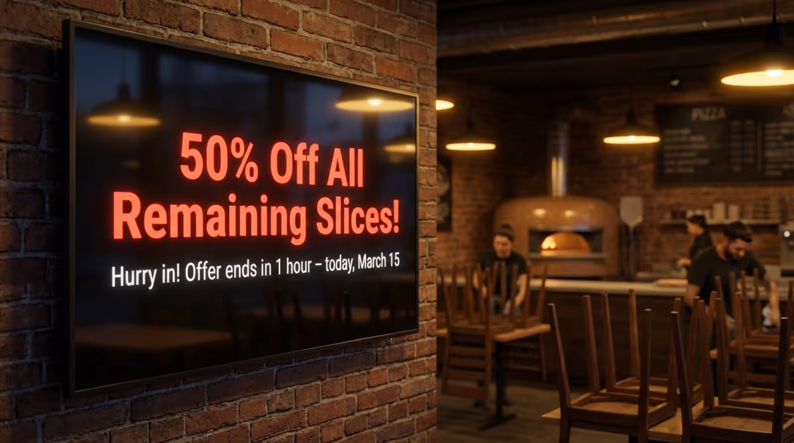 A digital screen inside a pizzeria displays a flash sale with bold text offering 50 percent off remaining slices.