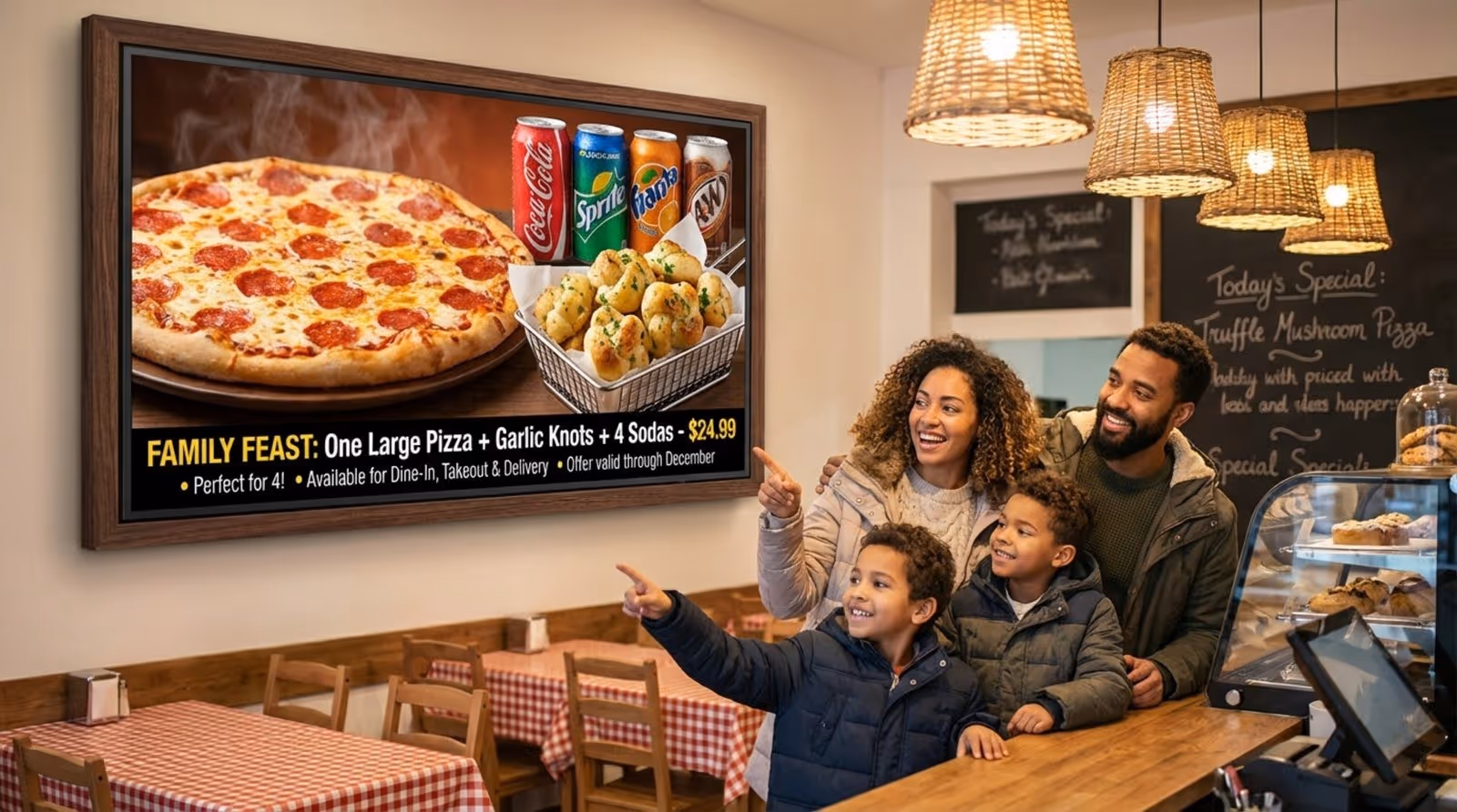 A digital screen in a pizzeria promoting a family feast combo with a large pizza, garlic knots, and sodas, while a family in the background orders happily.