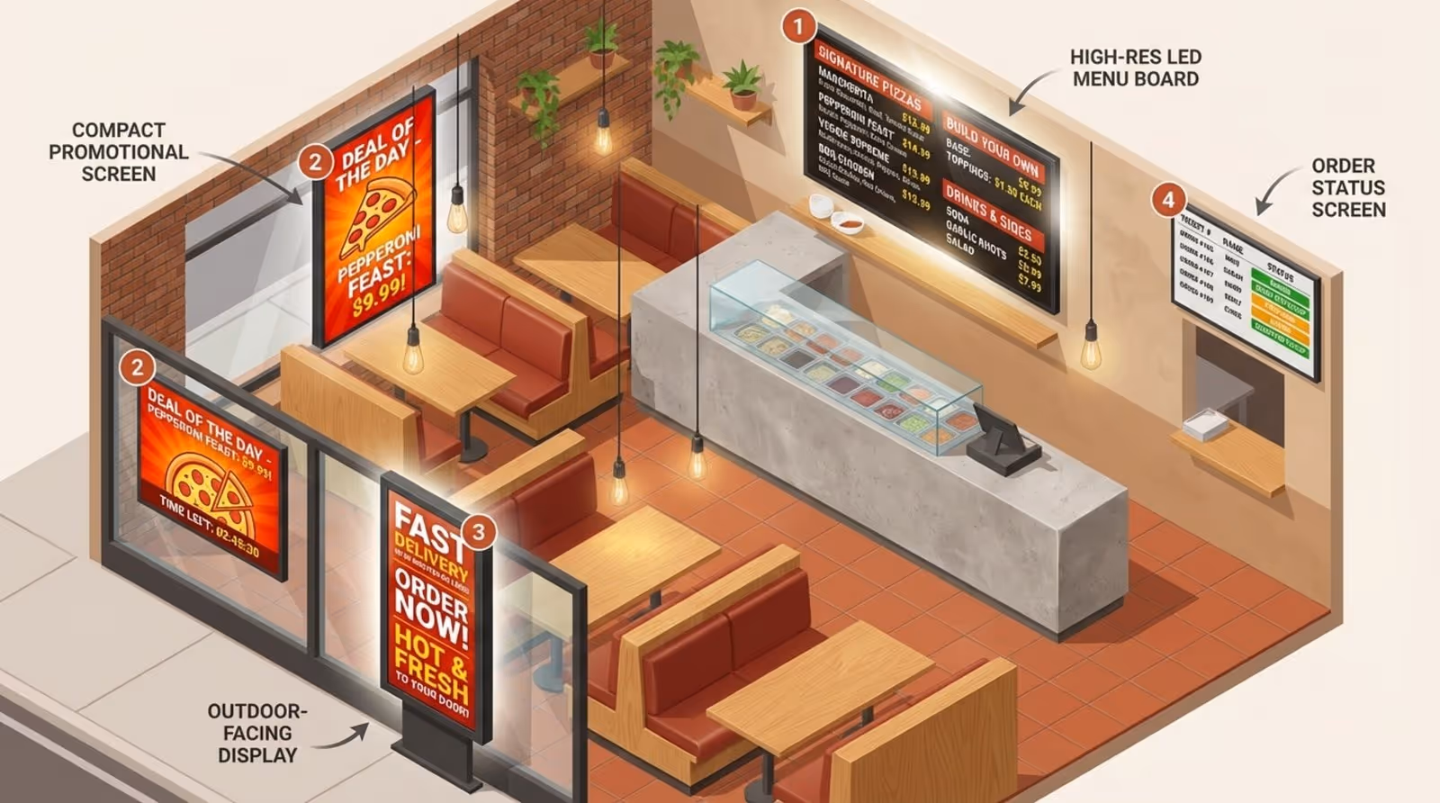 An infographic illustrating a pizzeria layout with various digital screens labeled, including a menu board, promo screen, street-facing high-brightness display, and order status board.