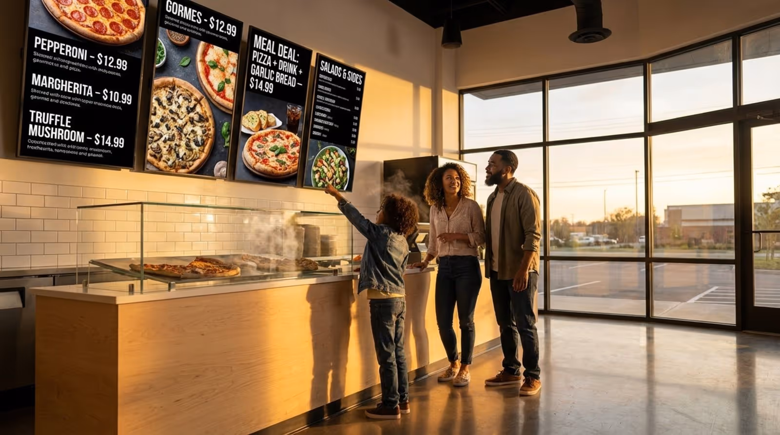 A photorealistic depiction of a modern pizzeria interior with digital menu boards and customers choosing their orders.