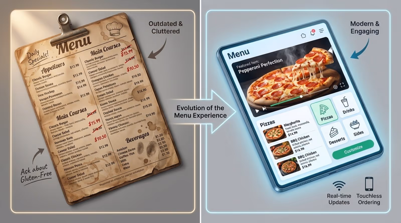 Comparison of a cluttered paper menu and a sleek digital menu screen highlighting modern dining options.