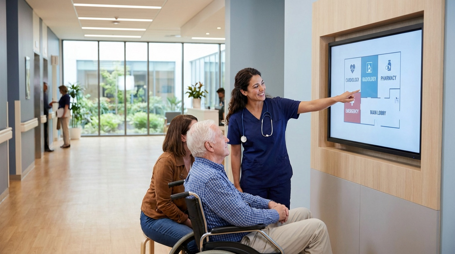 A nurse guides a patient and family through a hospital hallway with a digital map display showing departments.