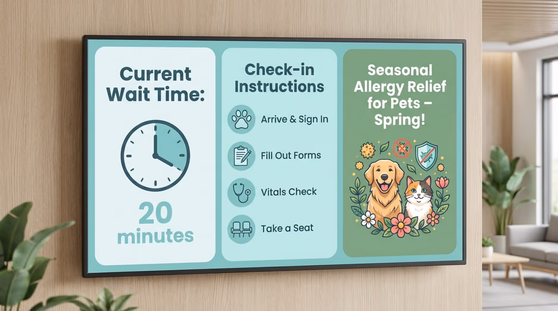 Closeup of a digital signage screen in a vet clinic displaying wait times, check-in instructions, and pet allergy relief promotion in a clean, modern style.