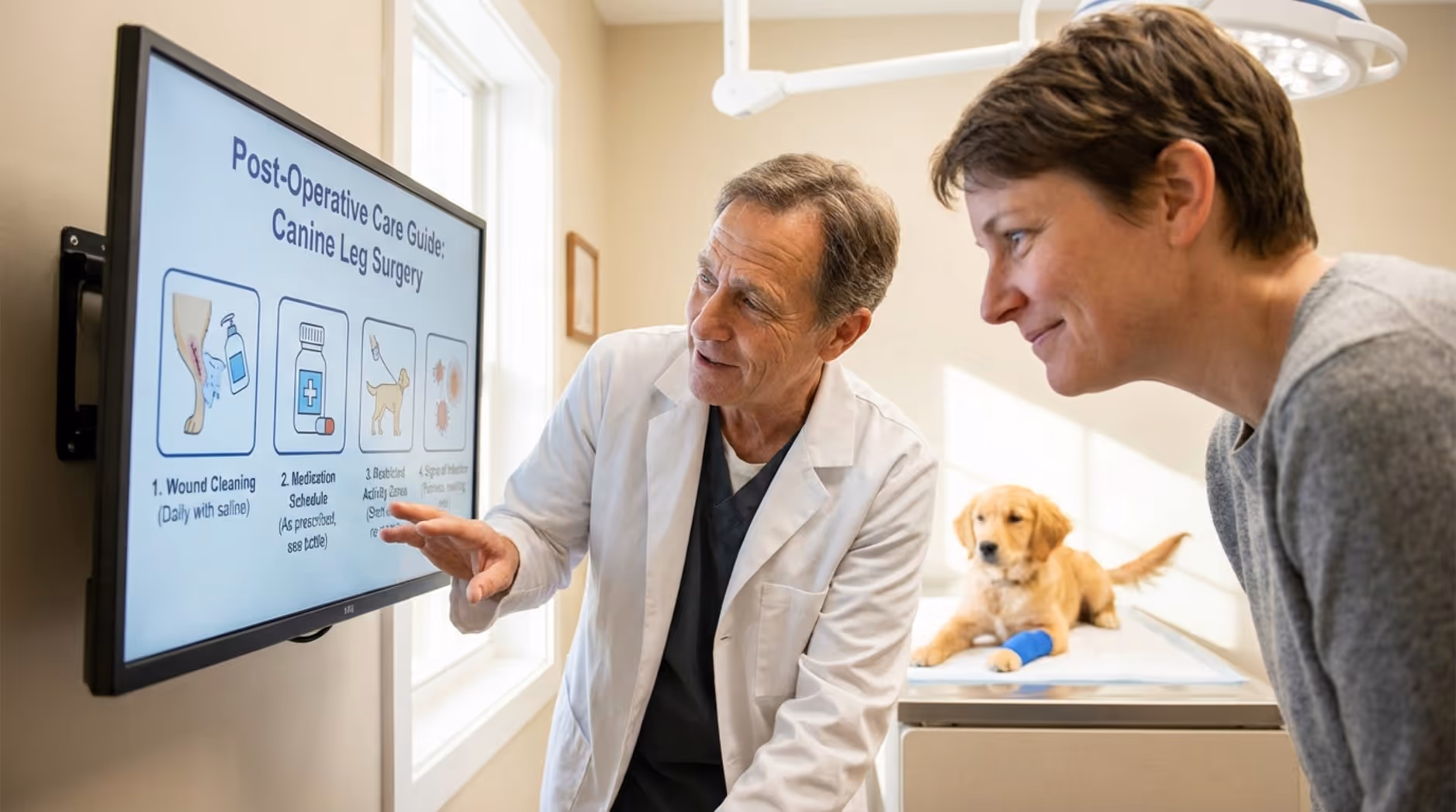 A veterinarian explains post-operative care to a dog owner using a digital diagram in a well-lit exam room, emphasizing clear communication and trust.