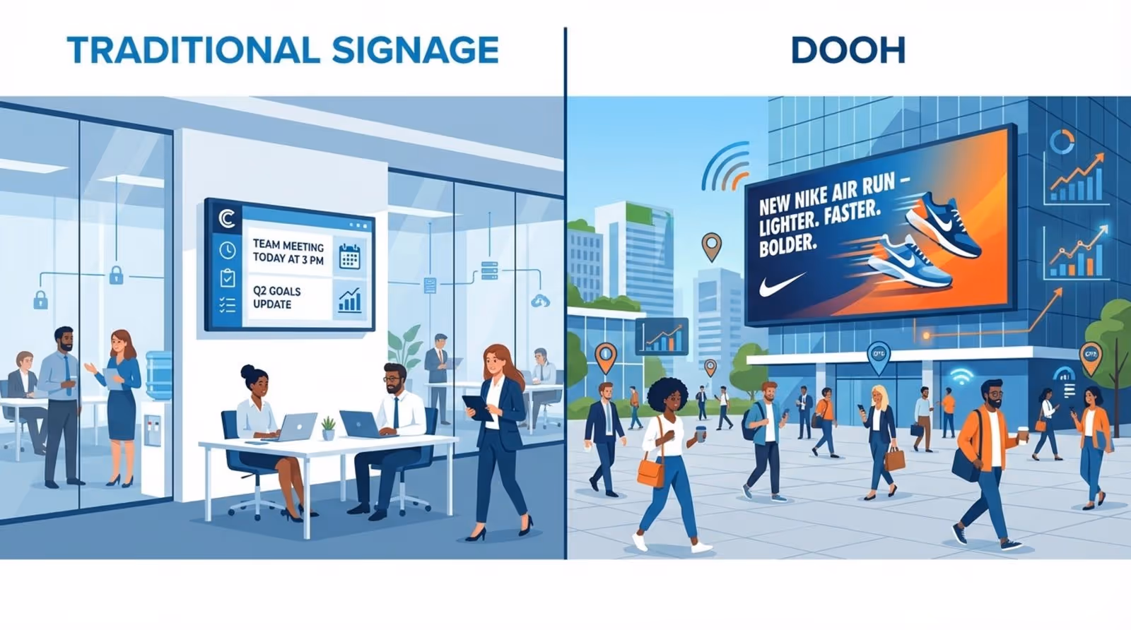Split-screen infographic comparing traditional signage in an office with outdoor digital billboards in a public square.