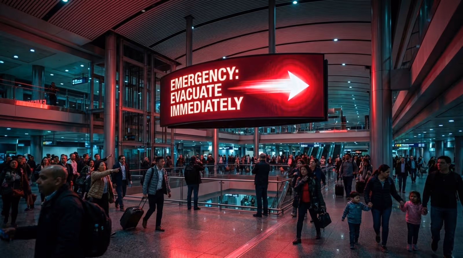 A digital screen in a transit hub displays an emergency evacuation message with an arrow, capturing a moment of urgency and concern among people.