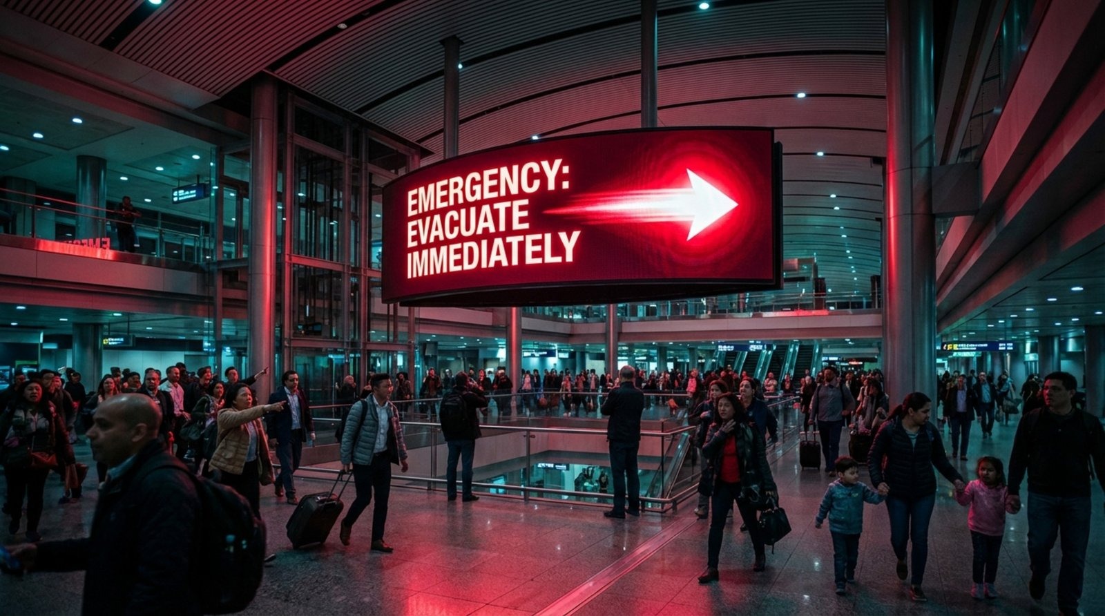 A digital screen in a transit hub displays an emergency evacuation message with an arrow, capturing a moment of urgency and concern among people.