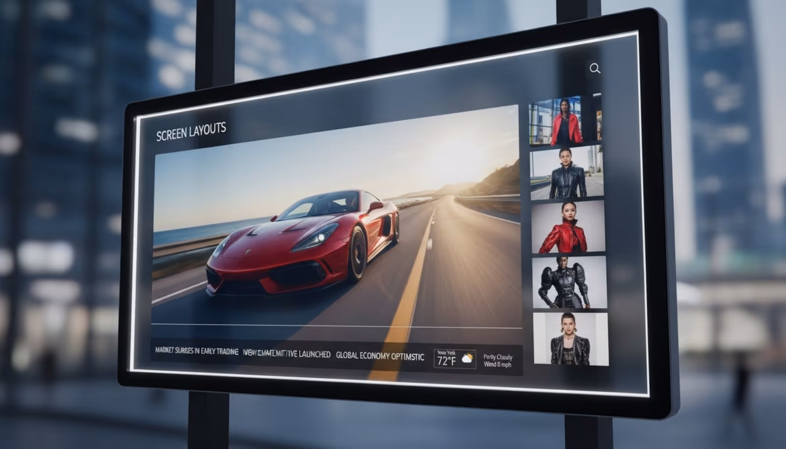 Close-up of a vibrant digital signage screen displaying various zones including a 4K video, static images, and a scrolling news feed.