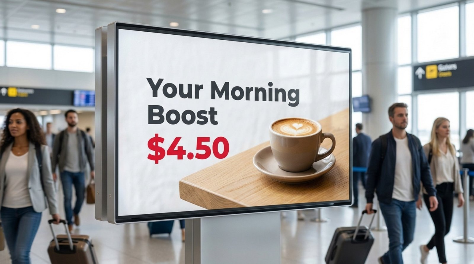 A retail screen displaying a clear and high-contrast coffee shop advertisement with a steaming latte, headline Your Morning Boost, and large price for effective outdoor digital signage.