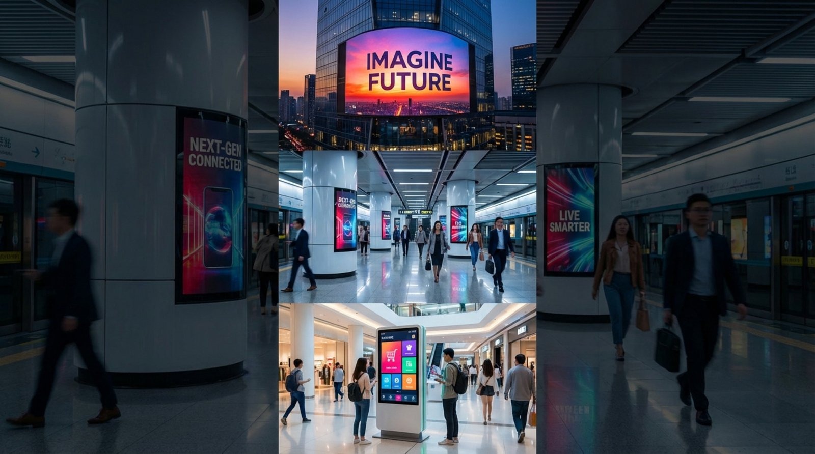 A collage of digital out-of-home screens in busy public spaces showcasing vibrant advertisements in a modern, energetic setting.