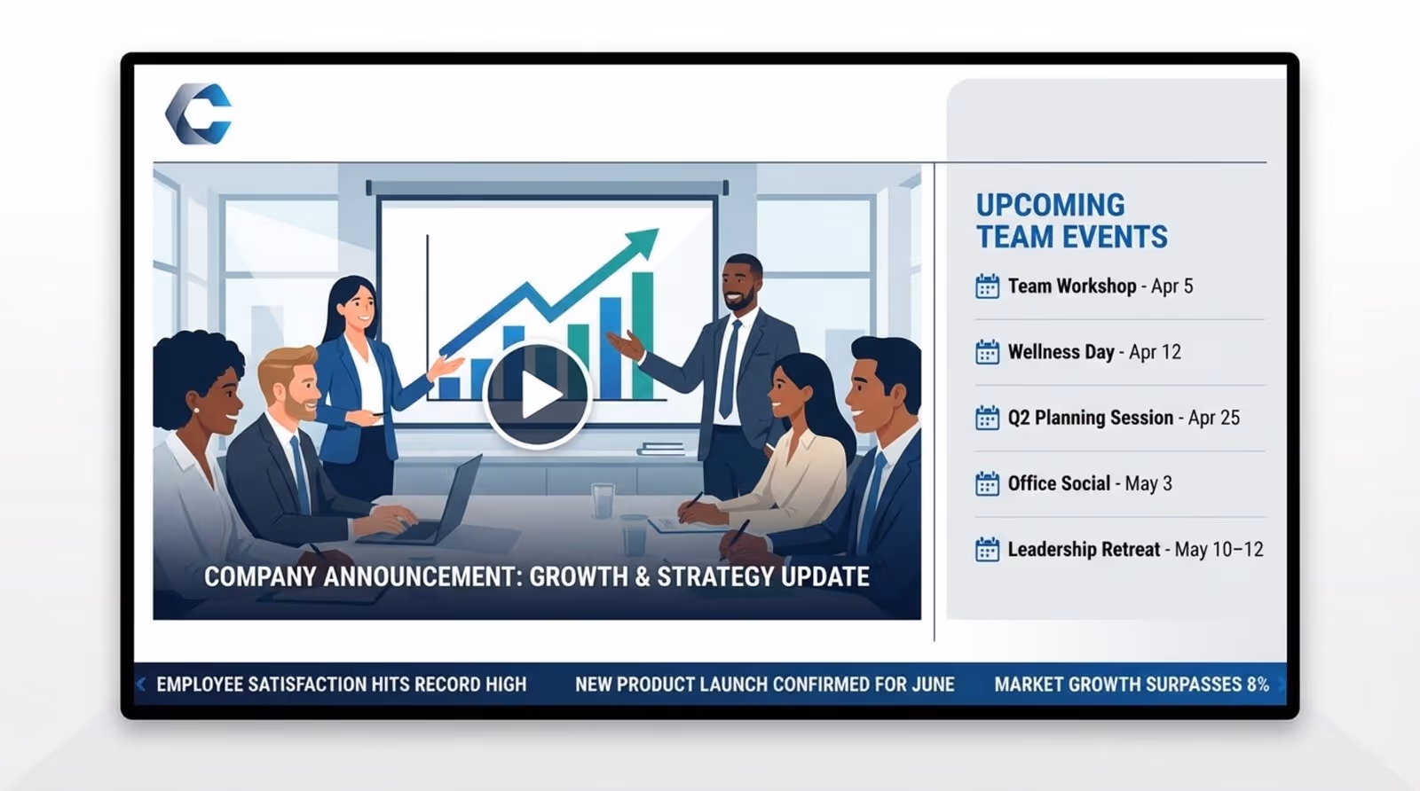Minimalist graphic showing a customizable digital signage layout with distinct zones for a video, event list, and news ticker.