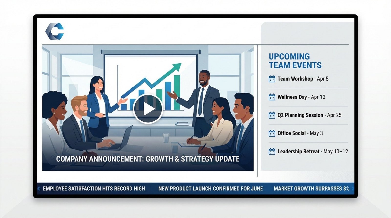 Minimalist graphic showing a customizable digital signage layout with distinct zones for a video, event list, and news ticker.