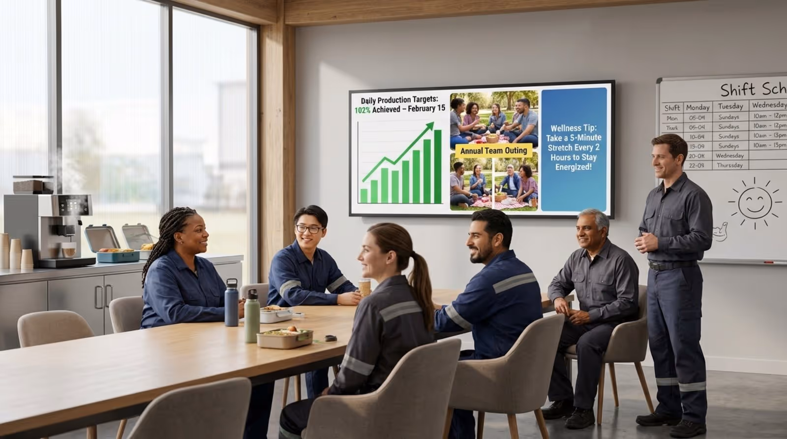 Employees in work uniforms relax in a modern factory breakroom while viewing a digital screen showing production data, event photos, and wellness tips.