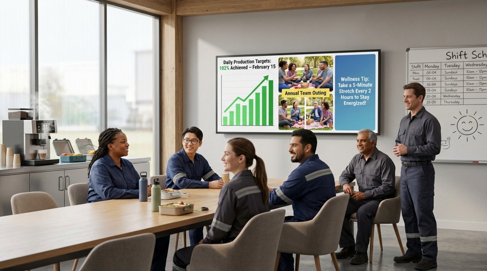 Employees in work uniforms relax in a modern factory breakroom while viewing a digital screen showing production data, event photos, and wellness tips.