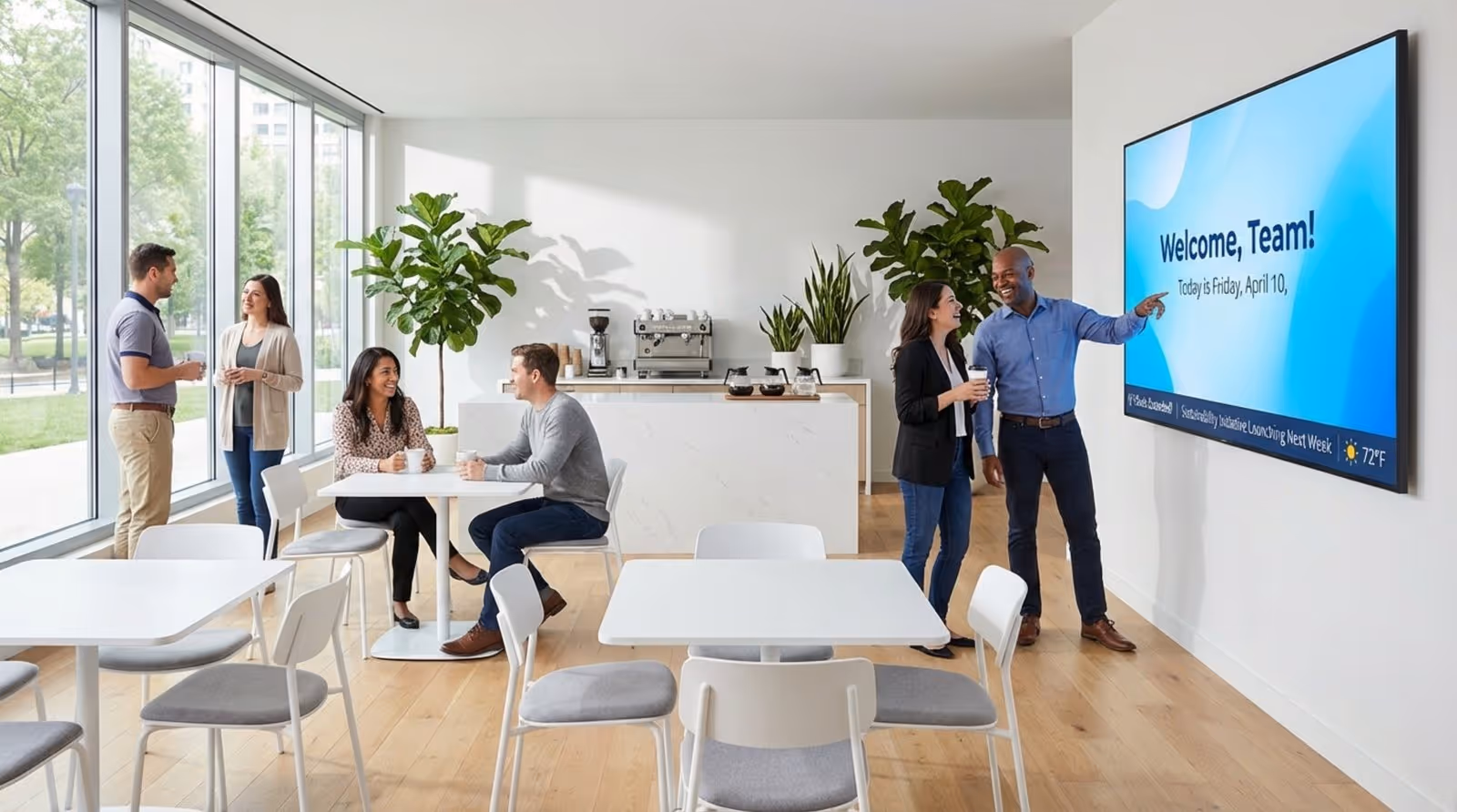 A modern breakroom with a digital screen showing a welcome message and news, where employees interact casually in a bright, professional setting.