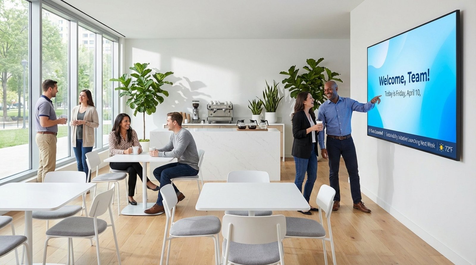 A modern breakroom with a digital screen showing a welcome message and news, where employees interact casually in a bright, professional setting.