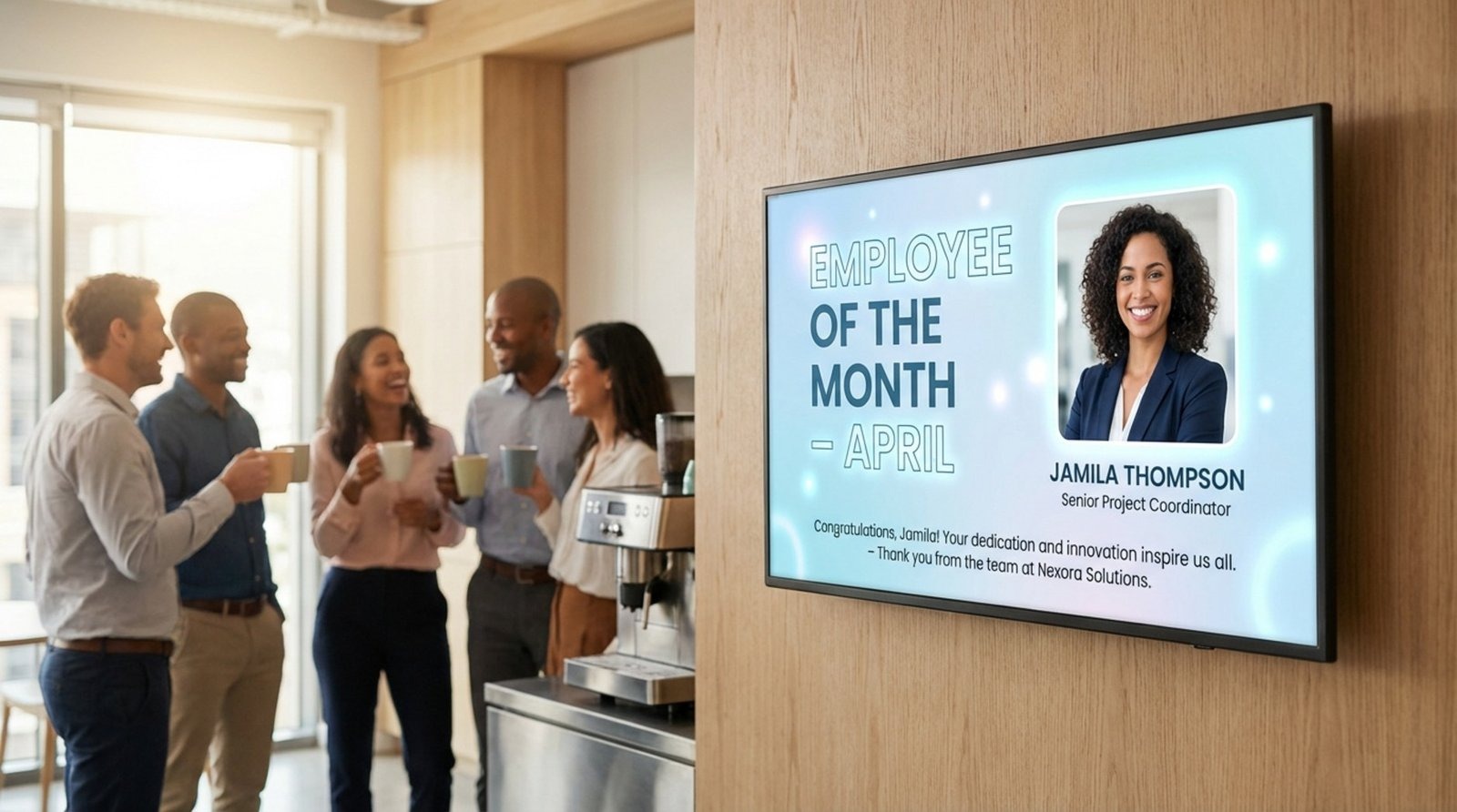 Close-up of a digital signage screen celebrating employee of the month with a photo and message in a busy breakroom.