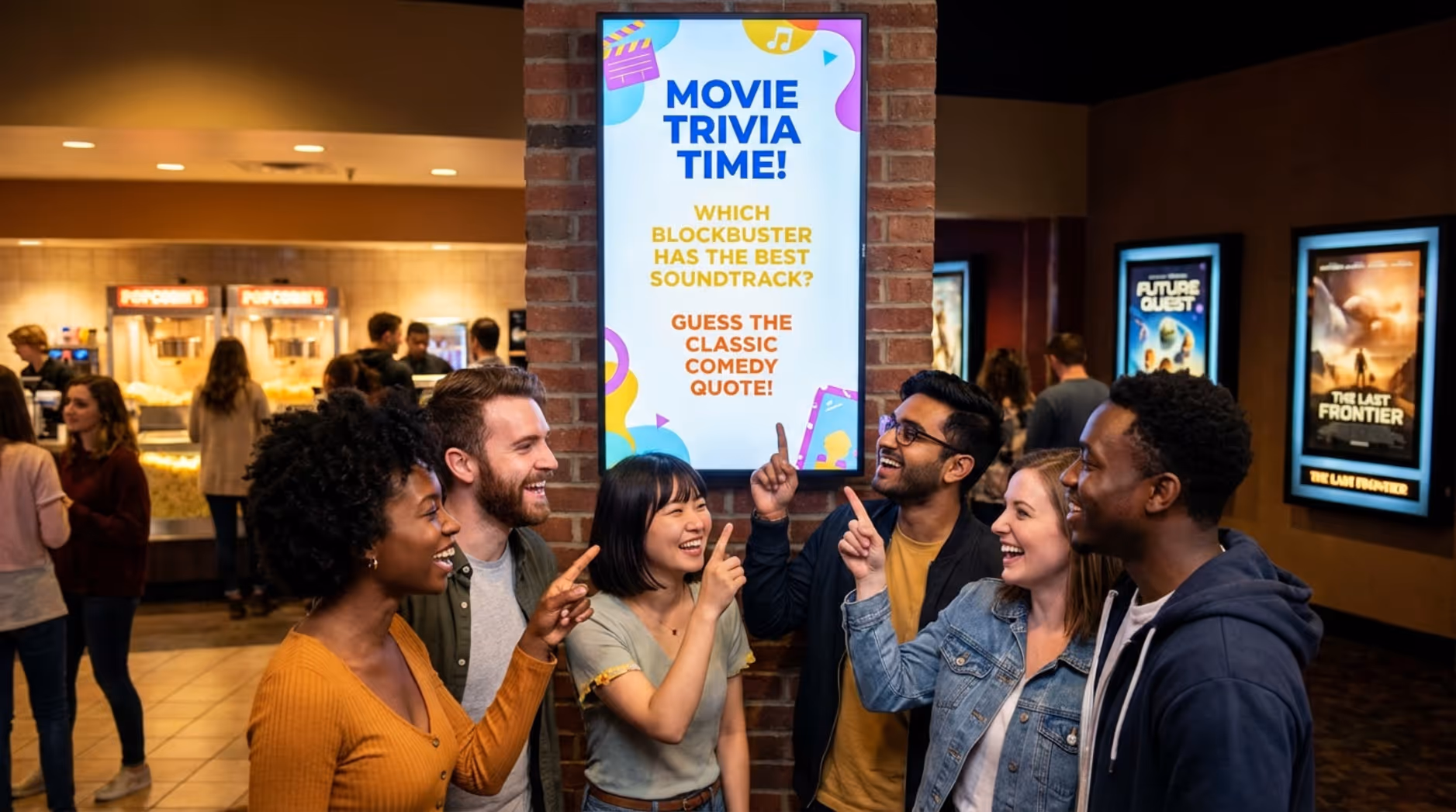 A group of friends waiting in a cinema queue, smiling and looking at a colorful digital screen displaying movie trivia questions, reflecting their cheerful mood.