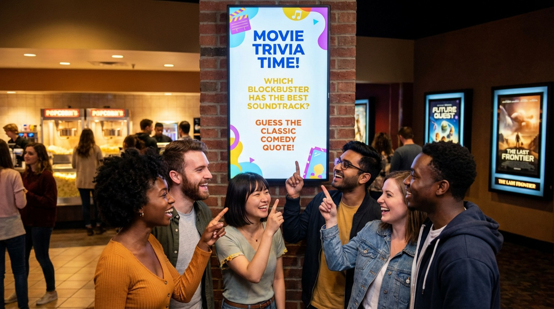 A group of friends waiting in a cinema queue, smiling and looking at a colorful digital screen displaying movie trivia questions, reflecting their cheerful mood.