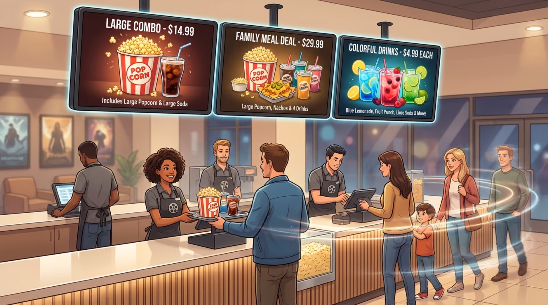 A digital illustration of a modern cinema concession stand with digital menus and a friendly cashier serving customers efficiently.