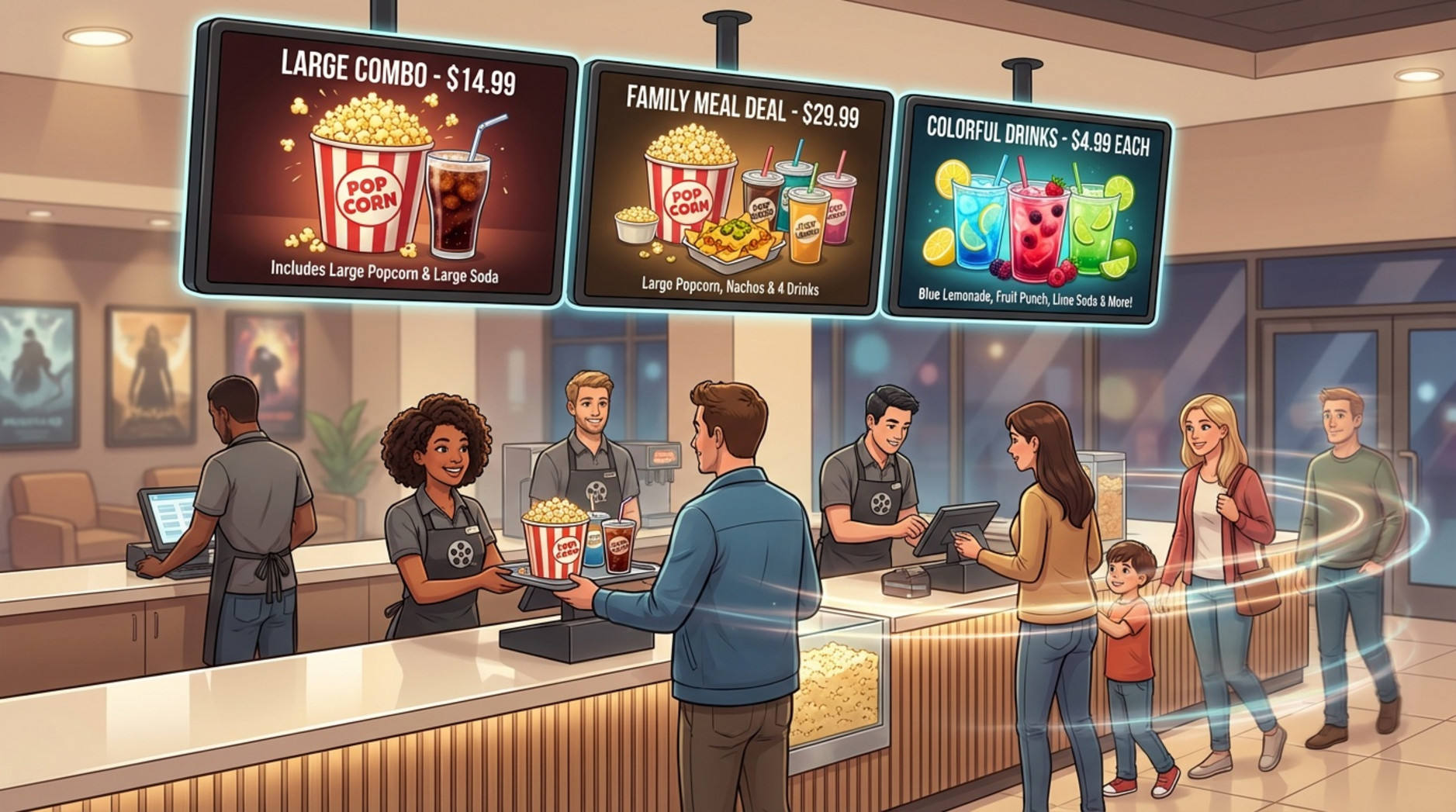 A digital illustration of a modern cinema concession stand with digital menus and a friendly cashier serving customers efficiently.