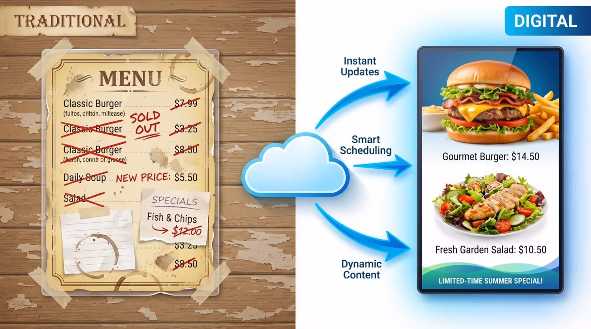 Comparison of traditional and digital menu boards highlighting the cluttered outdated style versus sleek digital displays with dynamic content.