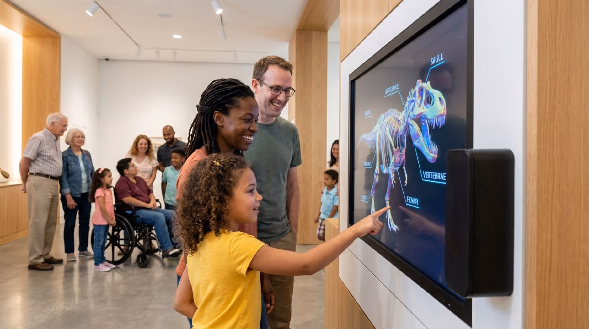 A group of visitors, including a young girl, interact with a digital dinosaur model in a bright modern museum.