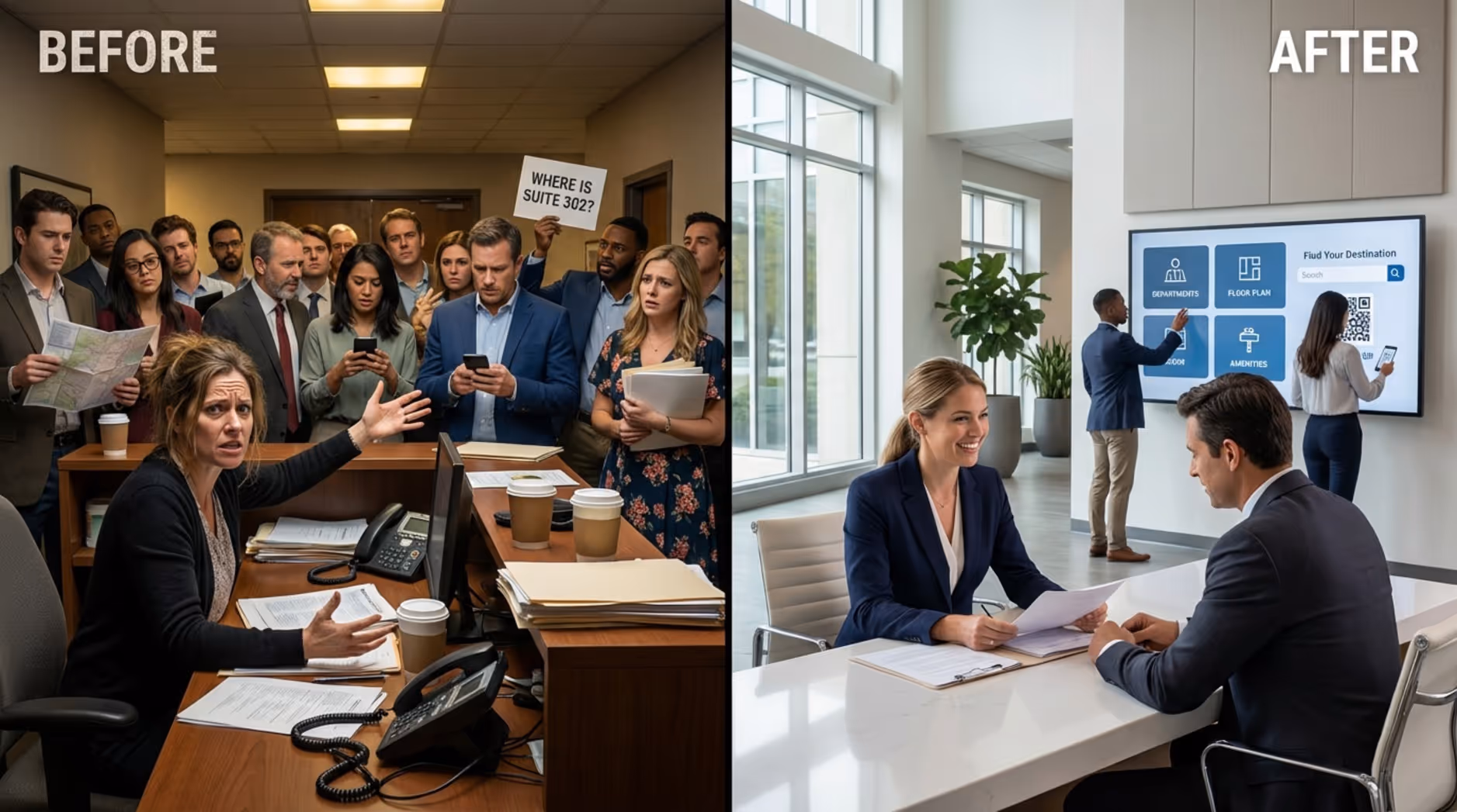 Contrasting reception scenes showing stressed staff and visitors before digital improvements and calm, efficient assistance after implementing digital wayfinding solutions.