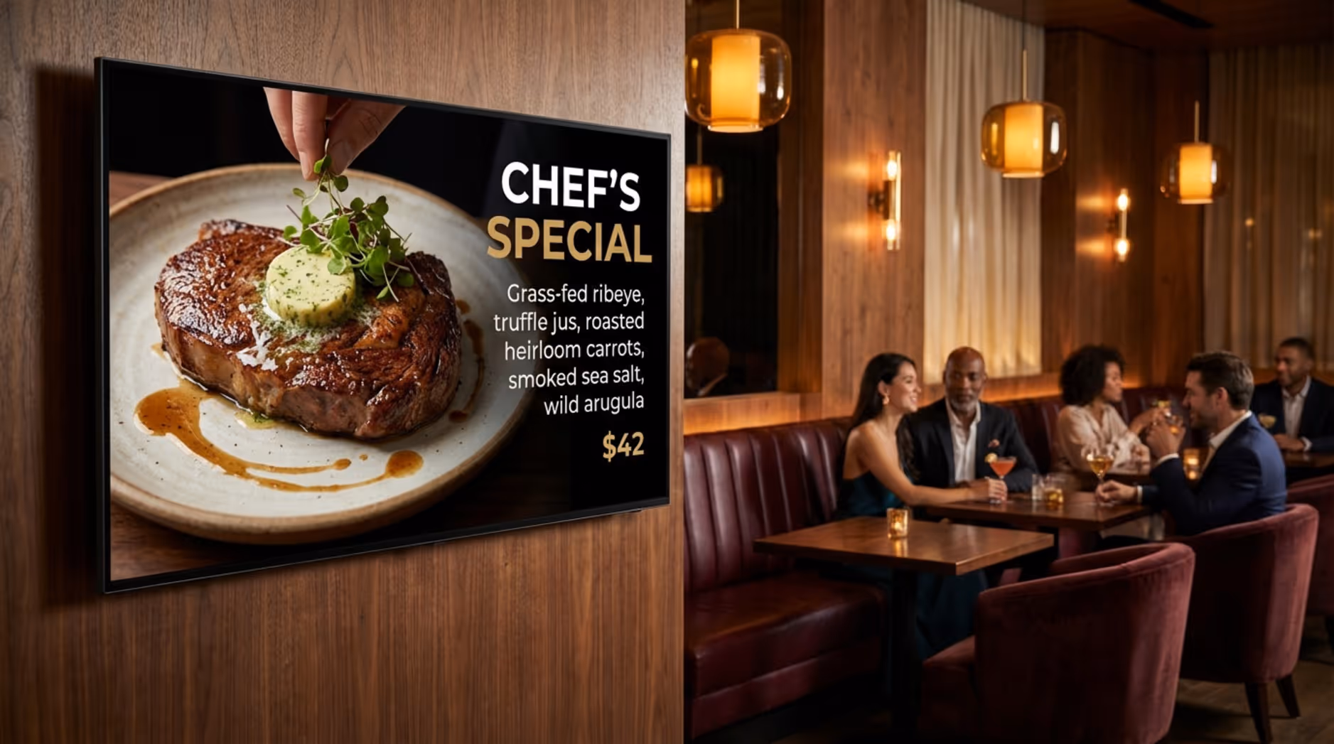 Cinematic shot of a digital menu board displaying a chef's special steak with ingredients and price in an upscale restaurant setting.