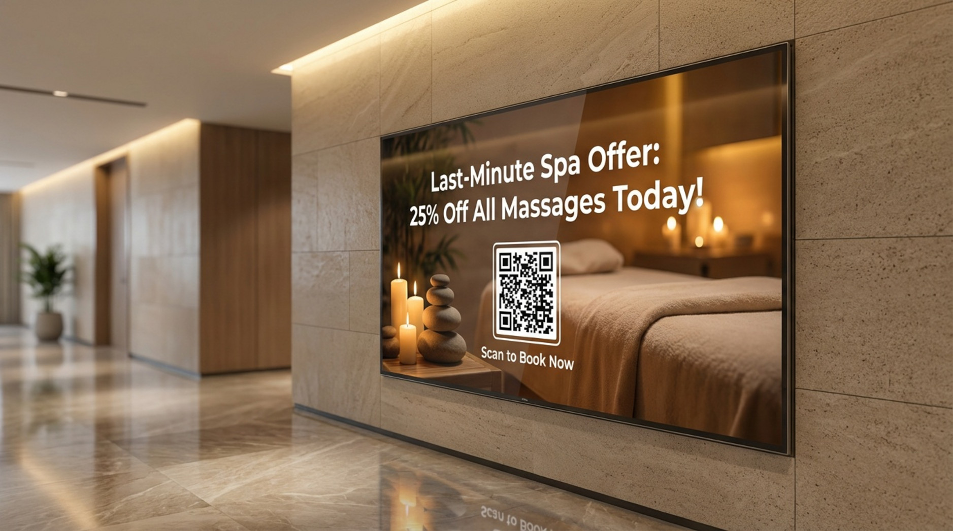 A digital signage screen in a hotel hallway displaying a spa promotion with a calming background and QR code.